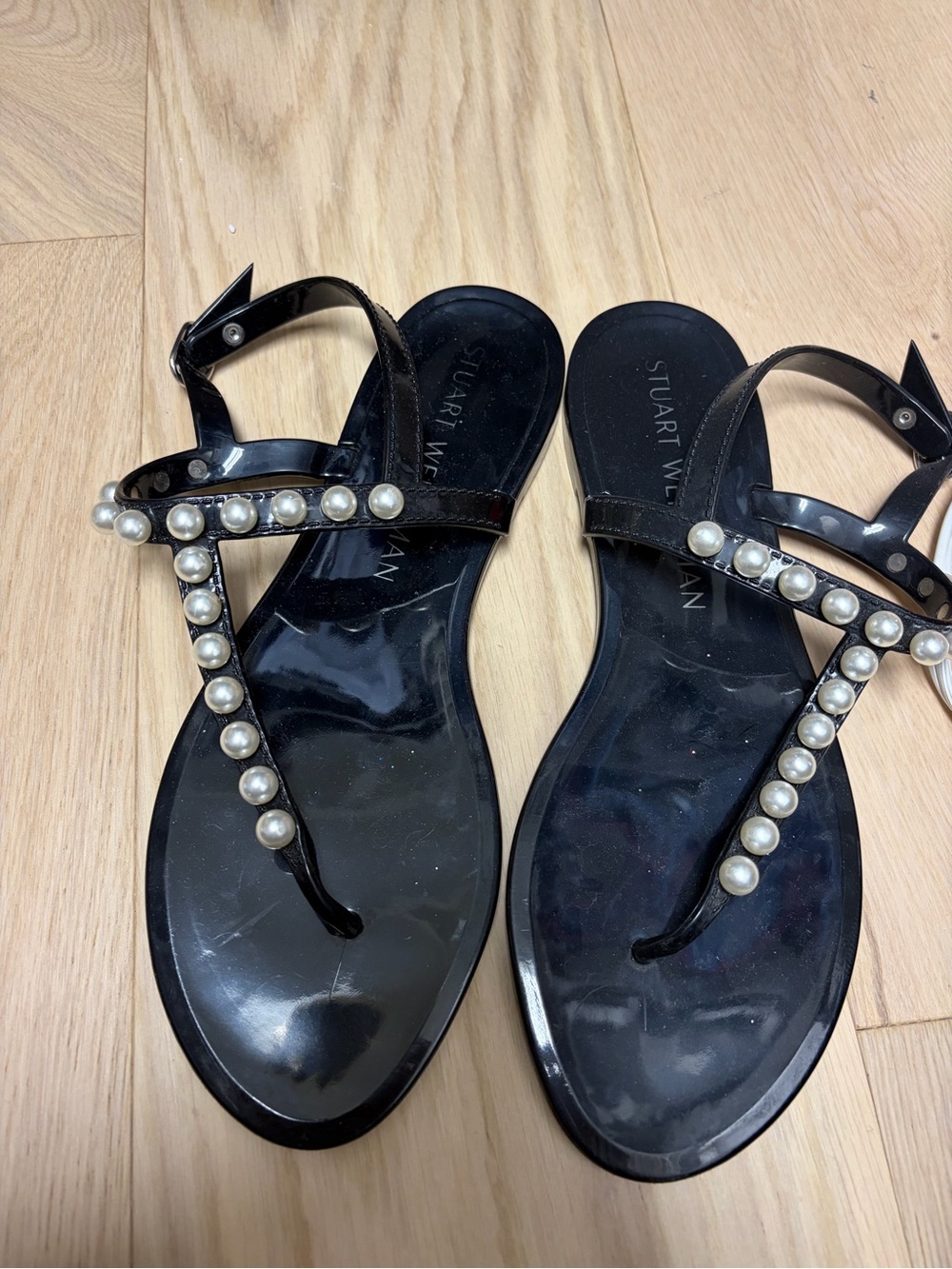 Stuart Weitzman Black Pearl-Trim Jelly T-Strap Sandals